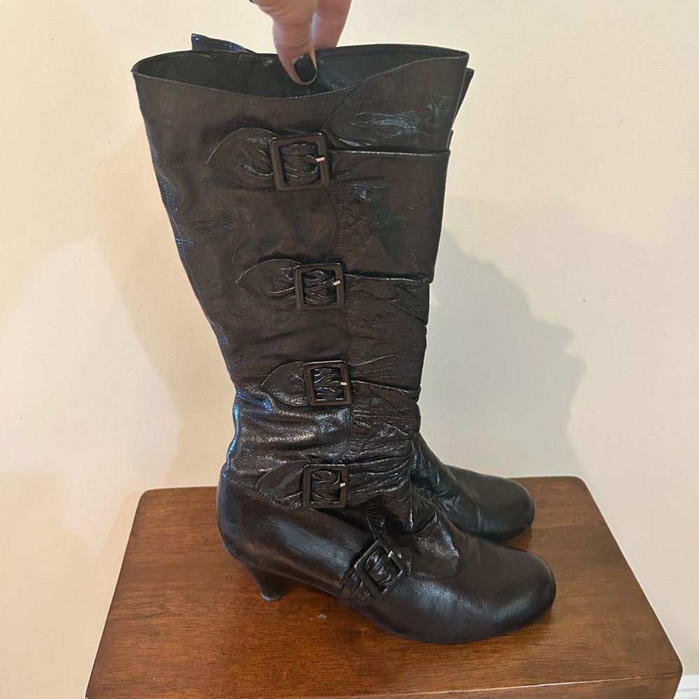 Miz Mooz Amber Black Leather Tall Button Boots Heels Women's Size 11